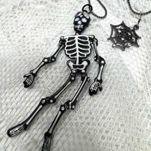 Betsey Johnson Glow In The Dark Skeleton & Spider Web Pendant Necklace